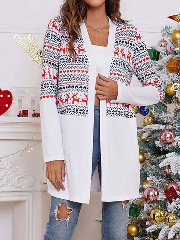 Long Sleeves Loose Animal Printed Knitted Flower Collarless Outerwear