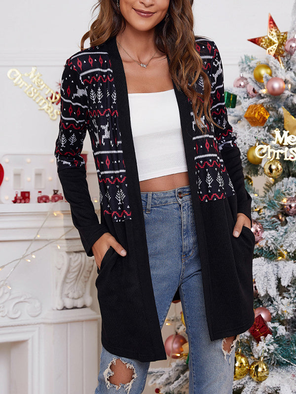 Long Sleeves Loose Animal Printed Knitted Flower Collarless Outerwear